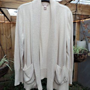 White Stag beige/tan long open cardigan – cowl neckline – two front pockets